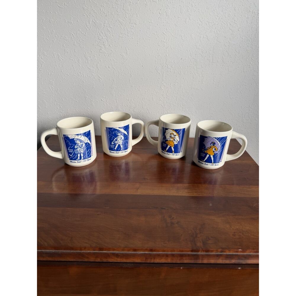 VINTAGE MORTON SALT WHEN IT RAIN IT POURS MUG SET LOT OF 4 JAPAN COFFEE 150th